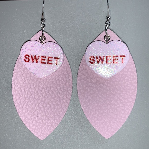 Hand Crafted SWEET Sterling Silver Fishhook Dangling Earrings with Fax Leather - Picture 5 of 12